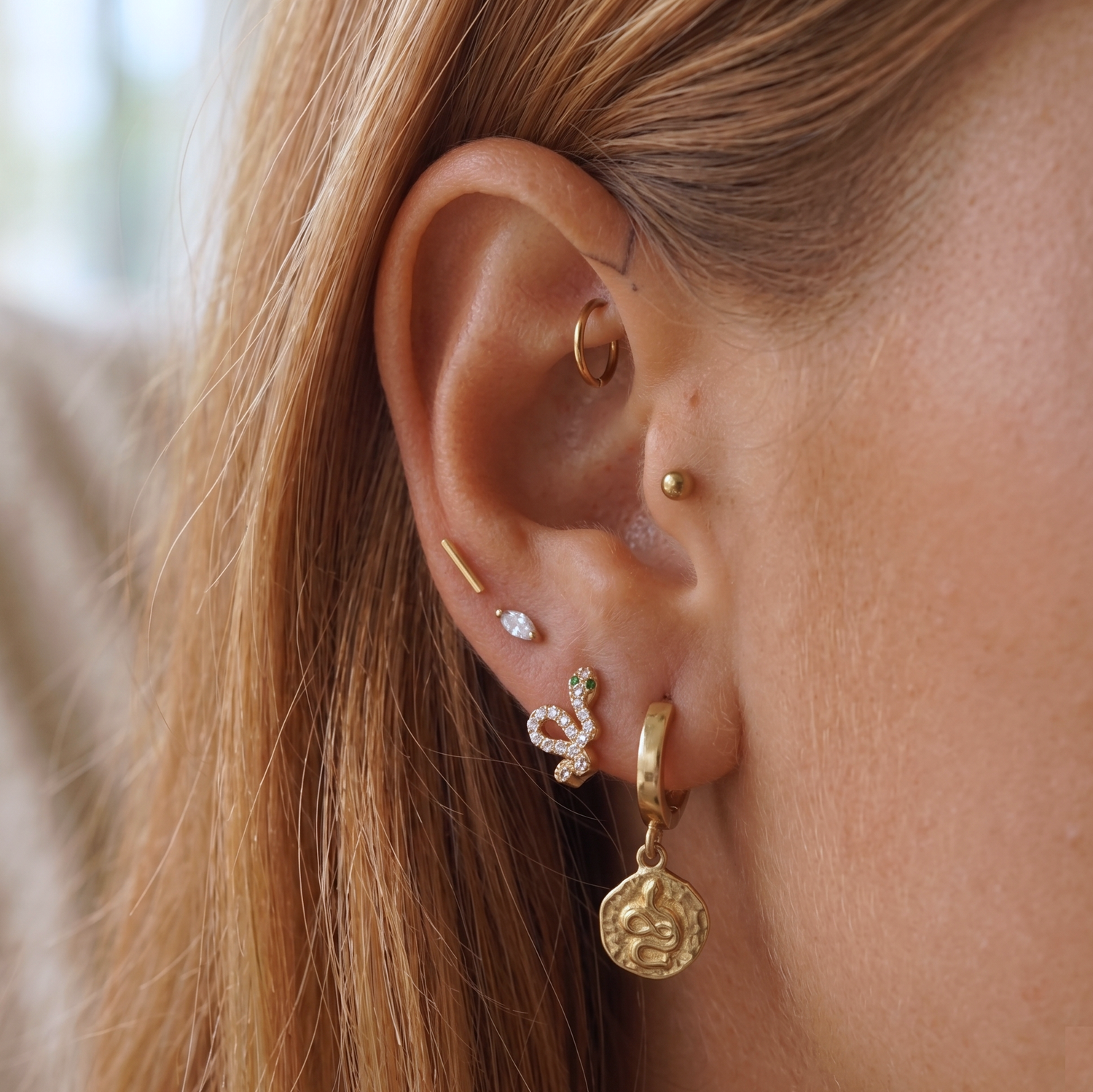 Snake Hammered Disc Hoop Earrings