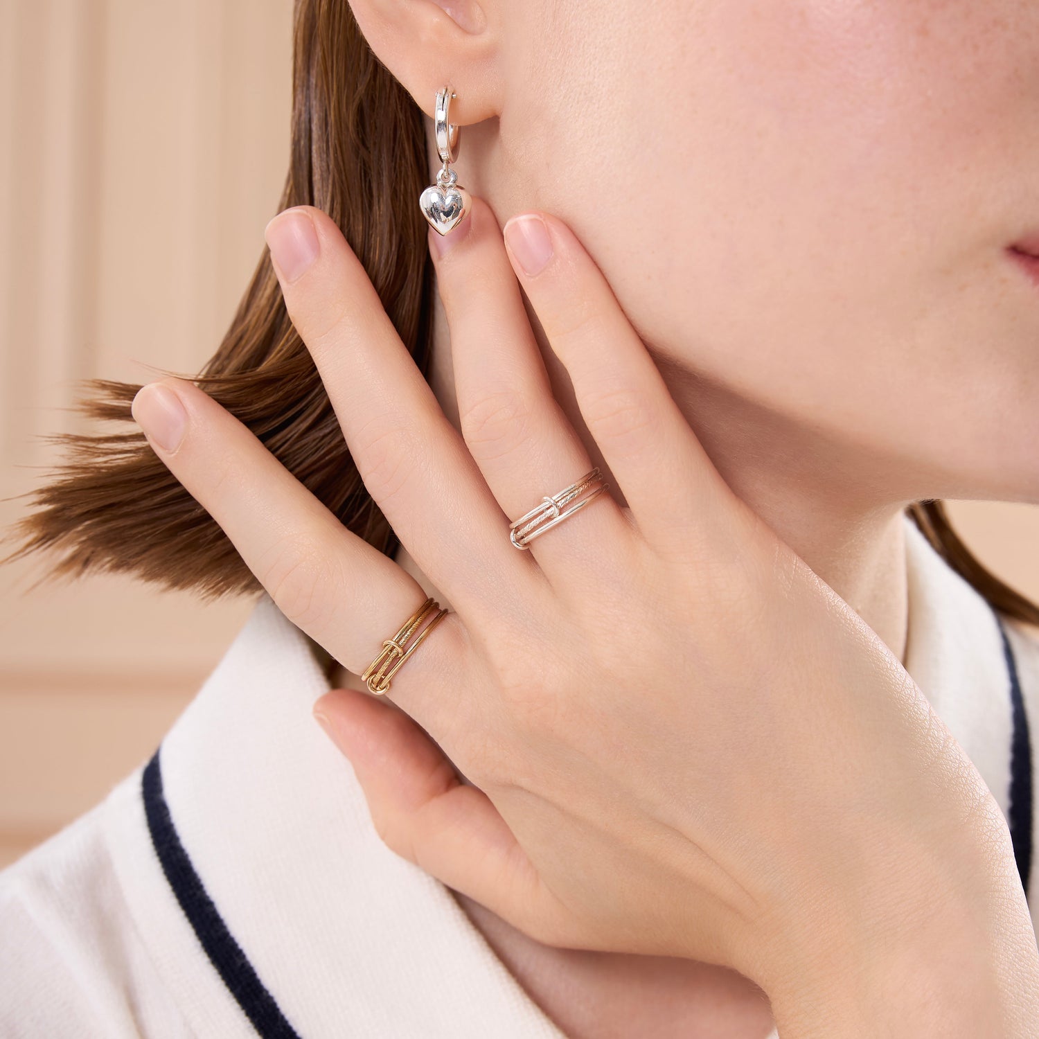 Silver Puff Heart Modern Round Hoop Earrings