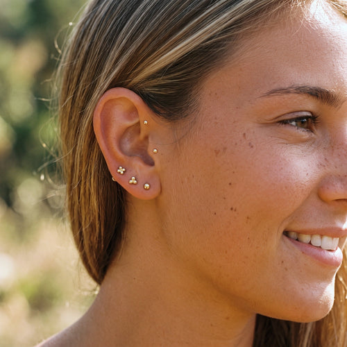 14K Solid Gold Mini Quadro Bubble Flatback Earring