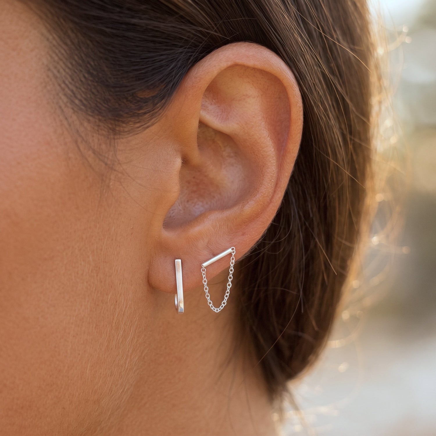 Skinny Bar Chain Stud Earrings