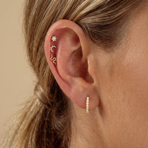 14K Solid Gold Pave Diamond Moon Labret Earring