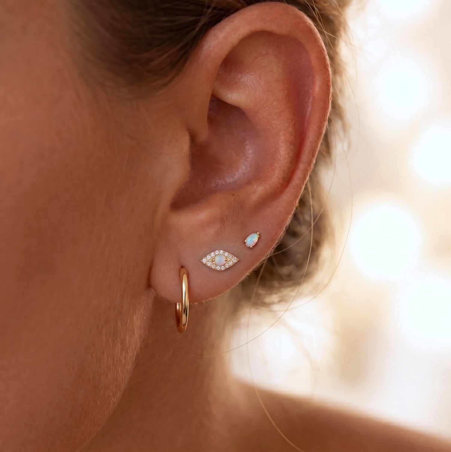 14K Solid Gold Evil Eye Diamond Opal Labret Earring