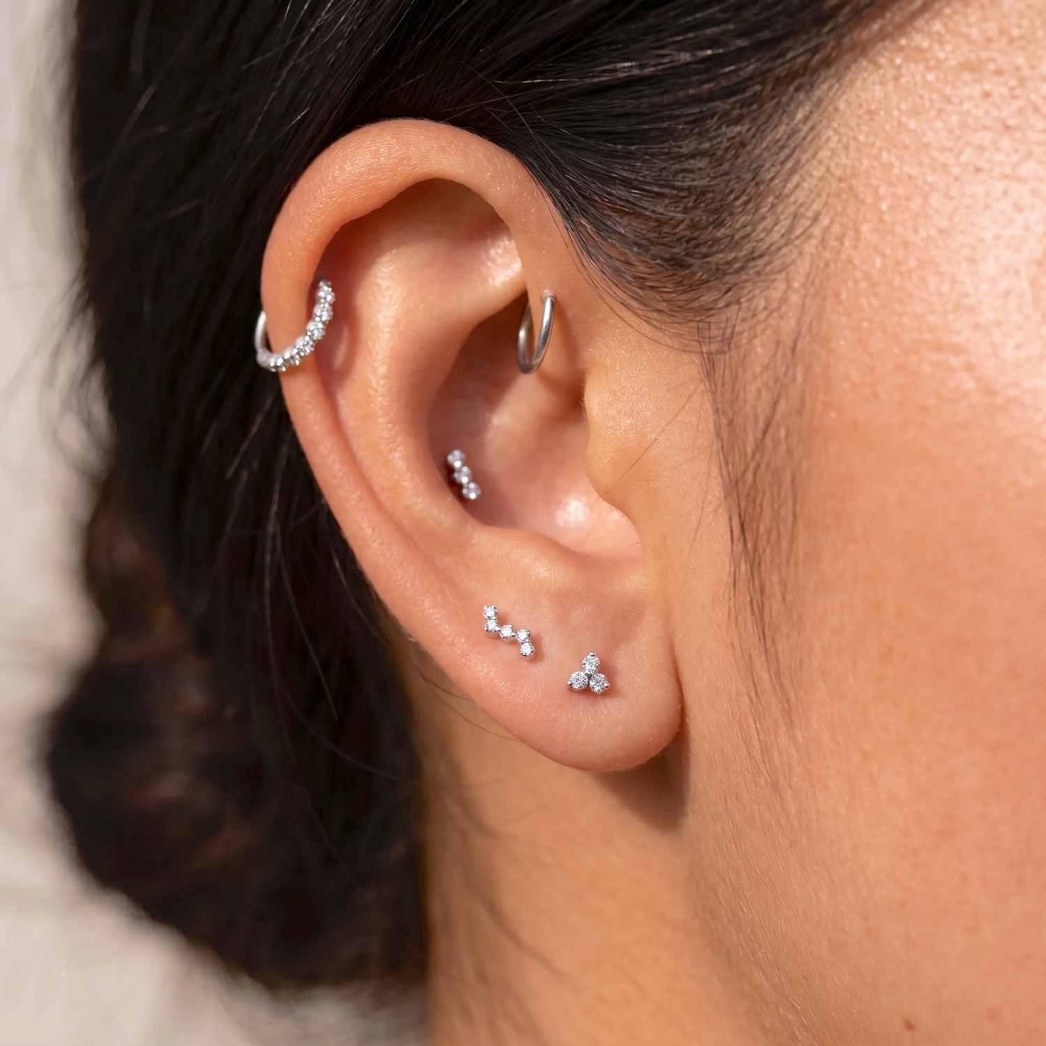 14K Solid Gold Diamond Trio Threaded Labret Earring