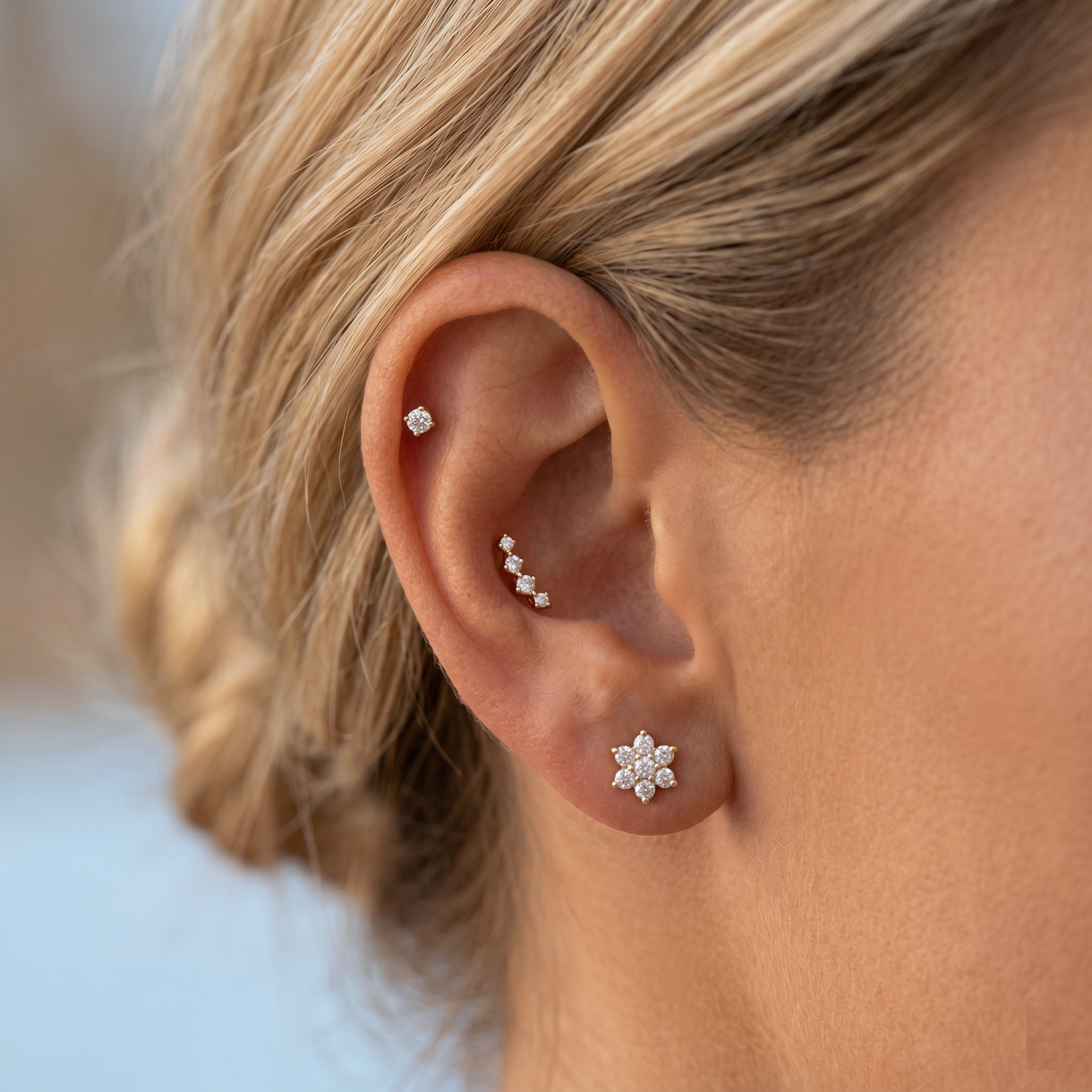 14K Solid Gold Star Cluster Flatback Earring