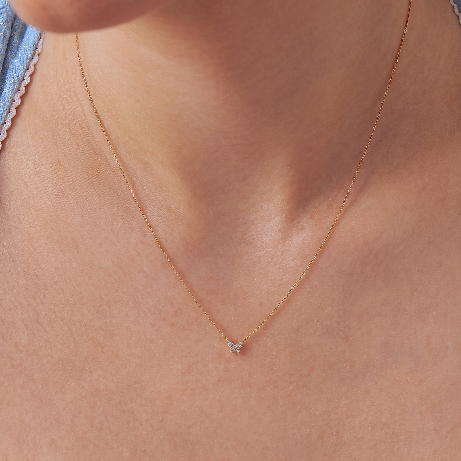 14K Solid Gold Mini Pavé Diamond Butterfly Necklace