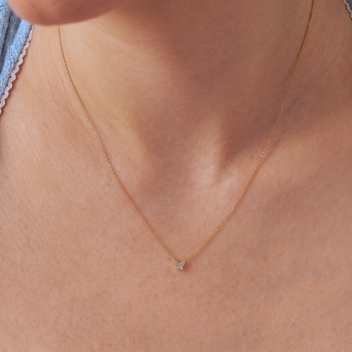 14K Solid Gold Mini Pavé Diamond Butterfly Necklace