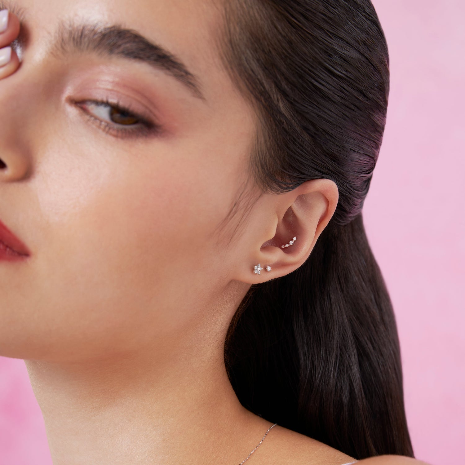 14K Solid Gold Curve Diamond Threaded Labret Earring