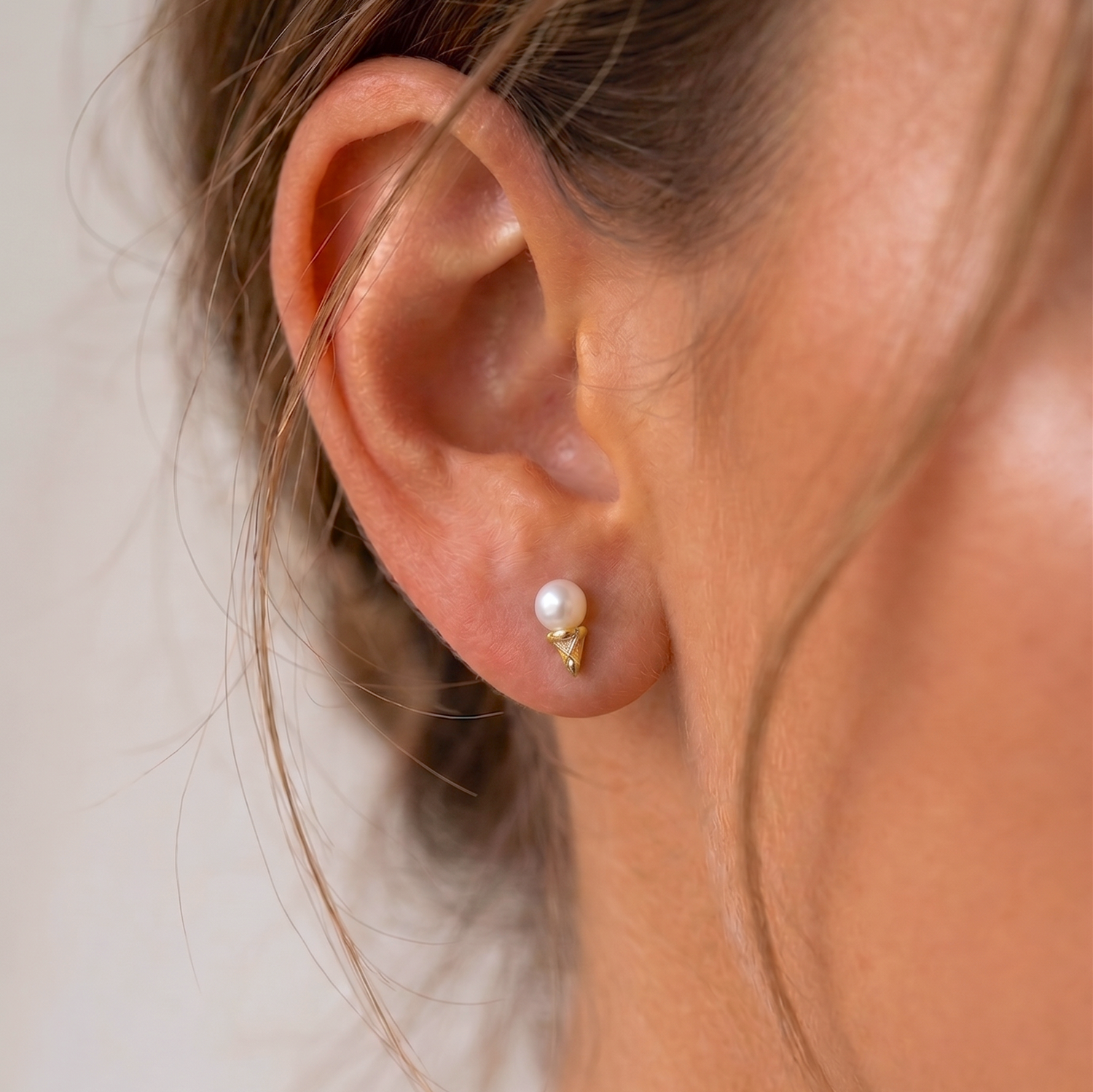 14K Solid Gold Freshwater Pearl Ice Cream Cone Flatback Earring