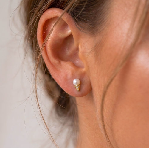 14K Solid Gold Freshwater Pearl Ice Cream Cone Flatback Earring