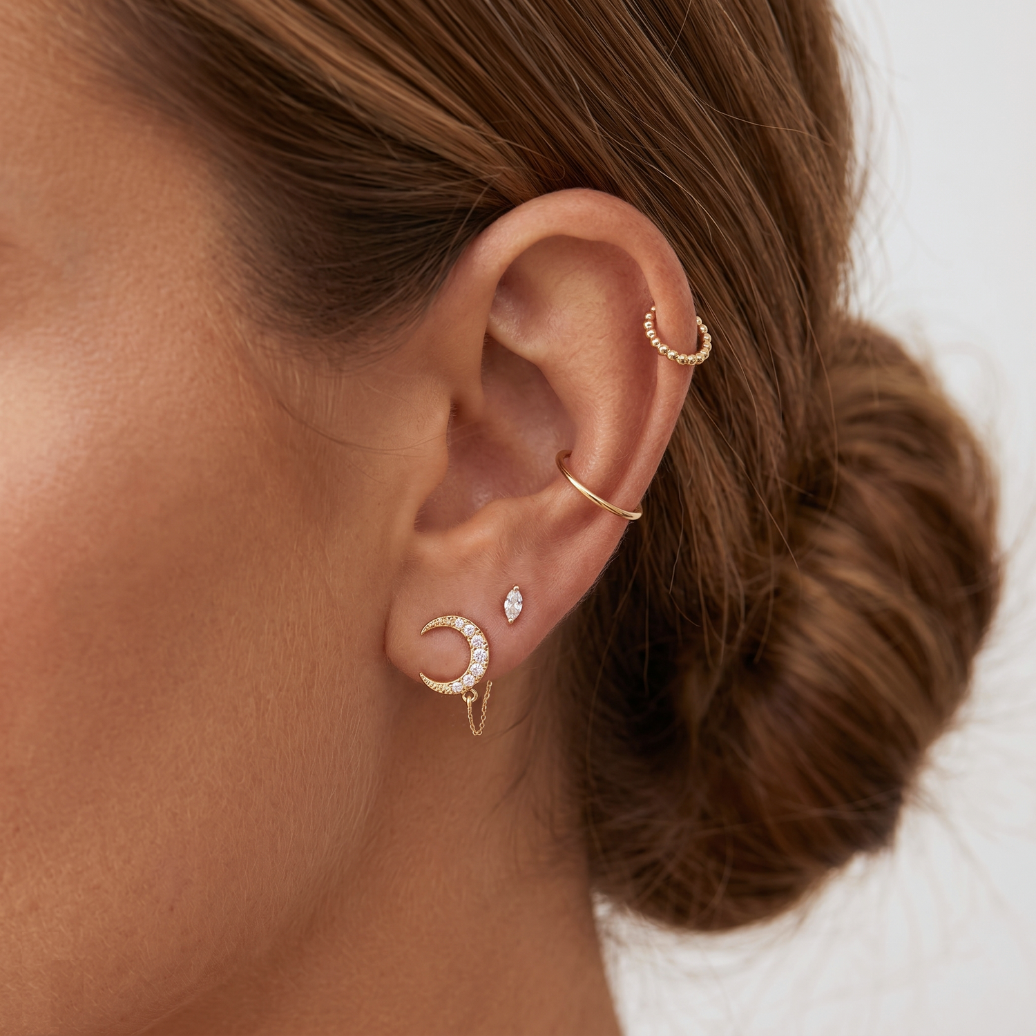 Pave Moon Chain Stud Earrings