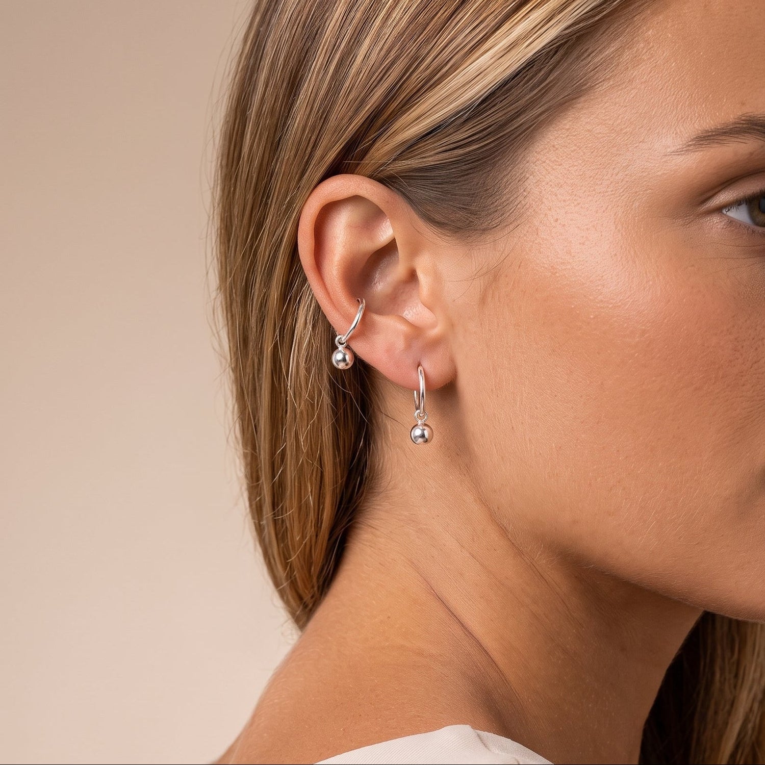 Silver Round Ball Hoop Earrings